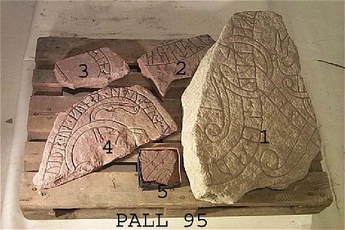 Runes written on 2 fragment av runsten, sandsten. Date: V